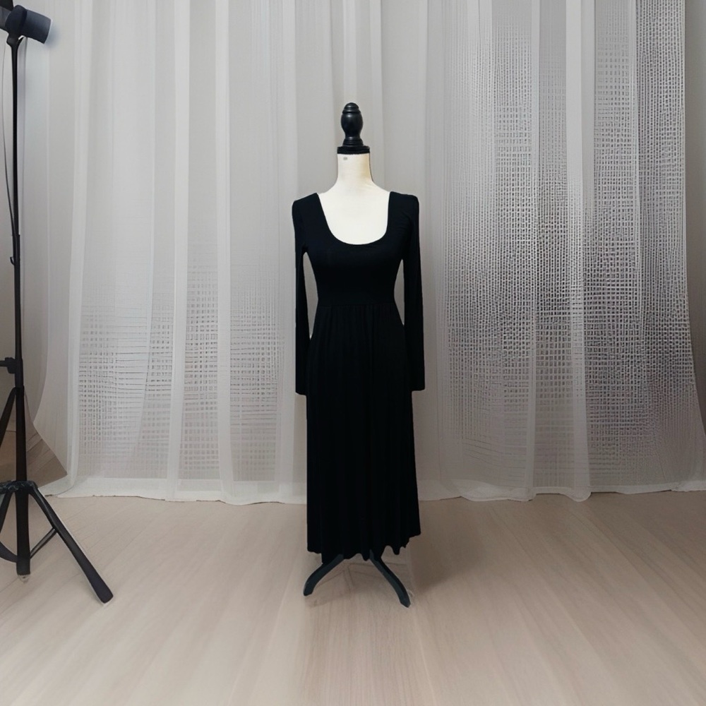a new day Black Scoop Neck  Long Sleeve Maxi Dress Size With Pockets XS NWT!